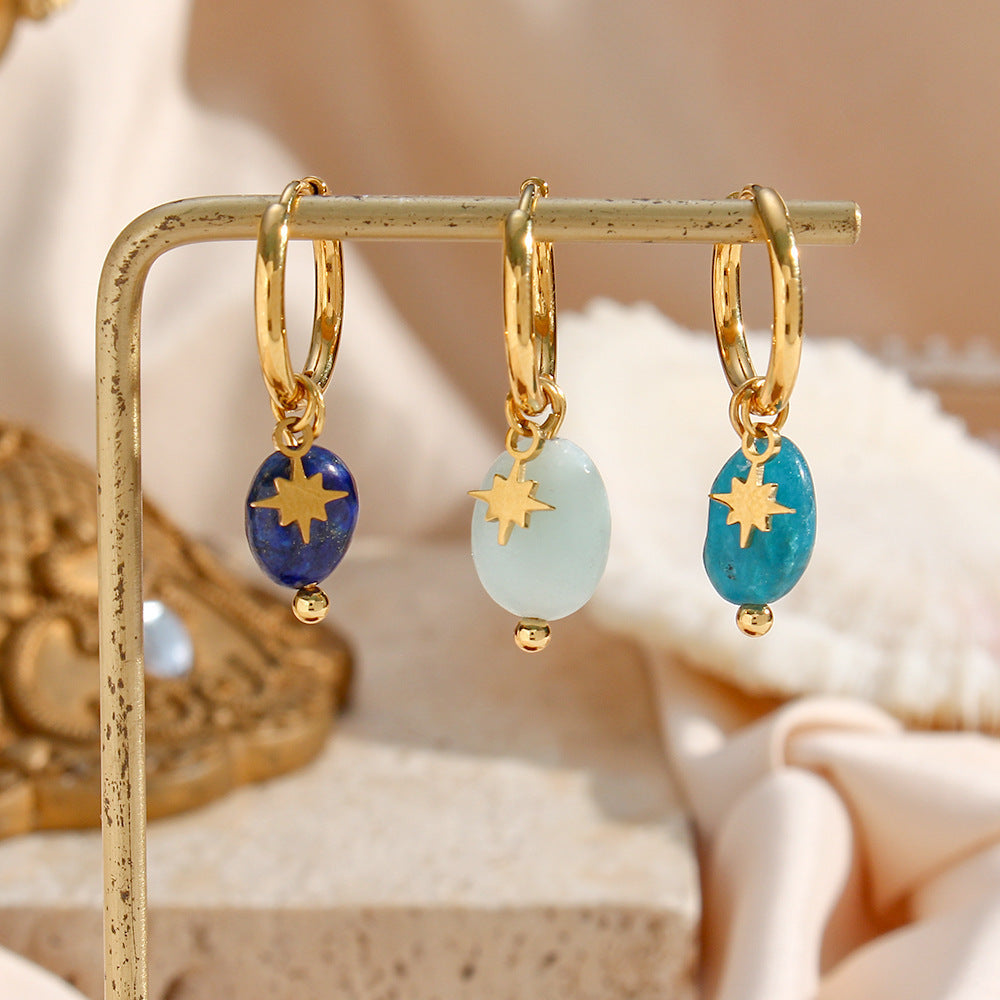 Stone Eight Awn Star Titanium Steel Gold Plated Ear Earrings