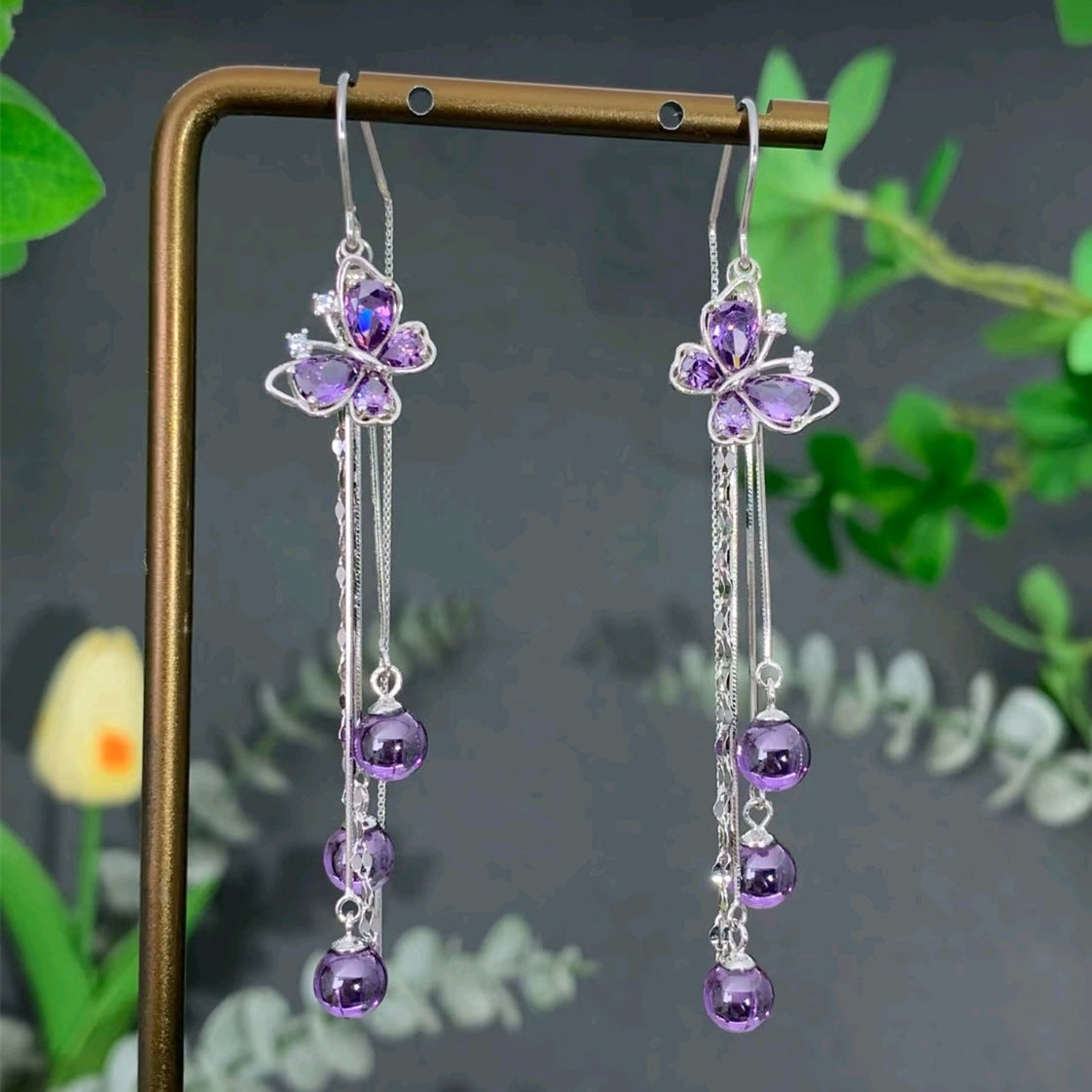 Women's Luxury Long Purple Zircon Butterfly Tassel Design Sense Earrings