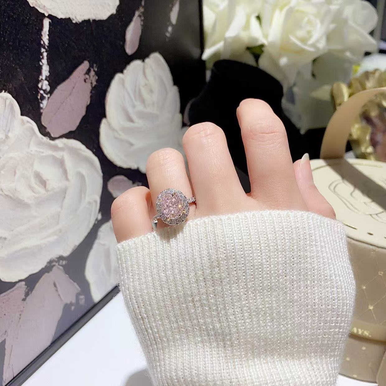 Super Flash Pink Diamond Big Oval Luxury Sweet Beautiful Design Ring