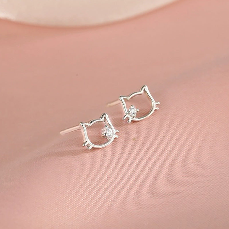 Women's Sterling Sier Cute Cat Ear Simple Temperament Hollow Kitten Pin Stud Earrings