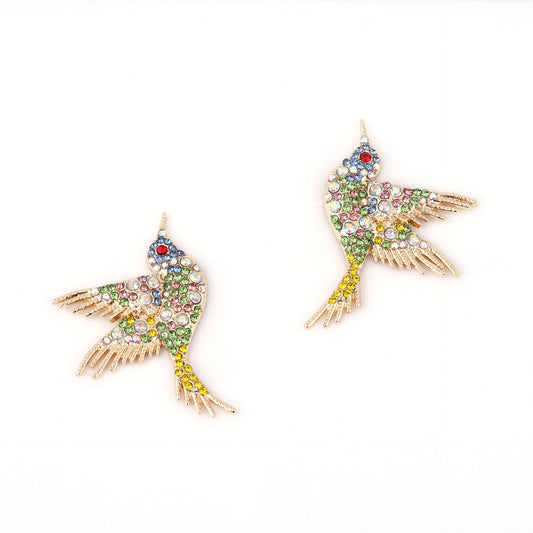 Creative Design Fashion Exaggerated Cute Bird Gold Inlaid Colorful Earrings
