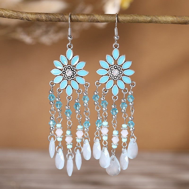 Ethnic Style Tassel Long Bohemian Crystal Yunnan Summer Earrings