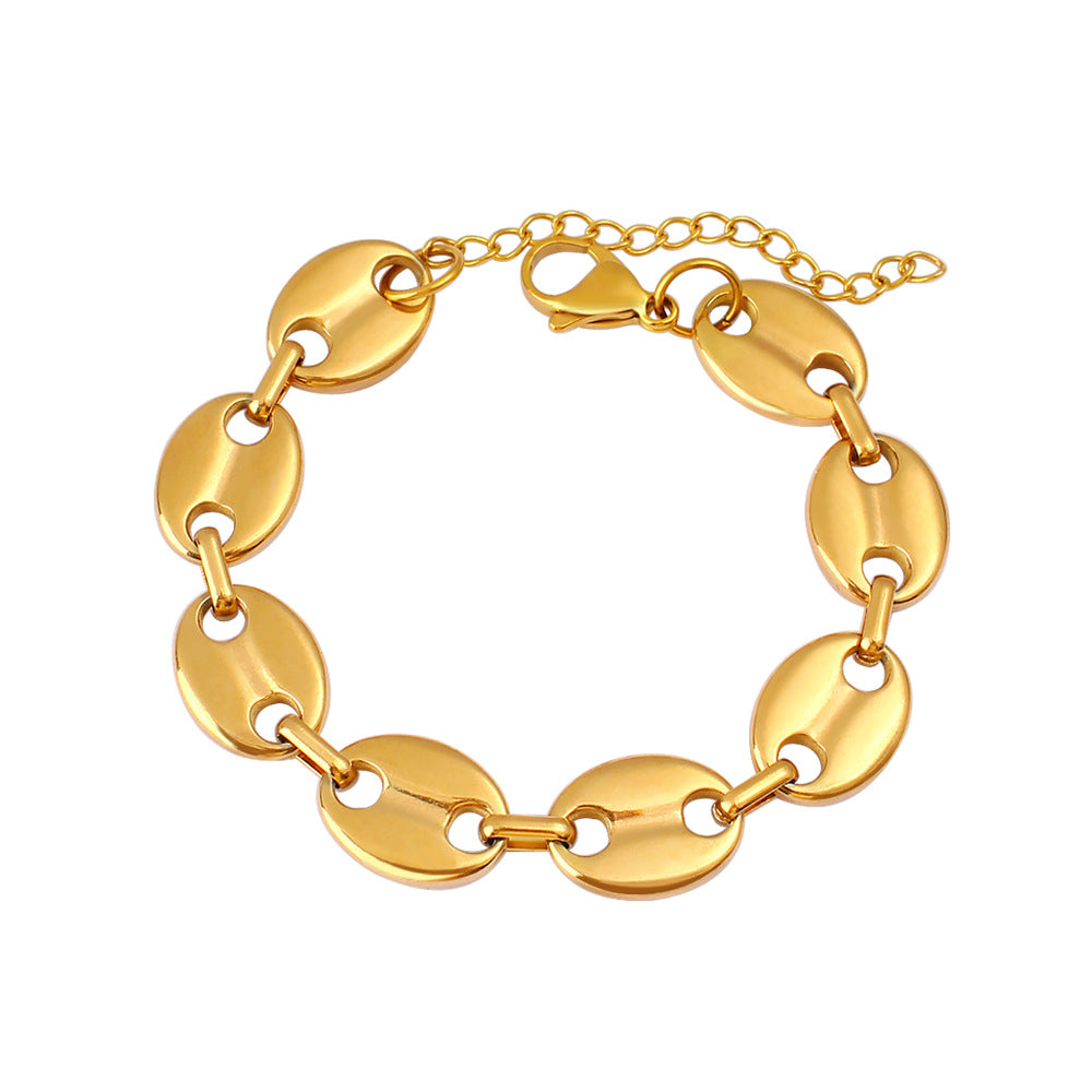 Women's & Men's Hip Hop Coffee Beans Gold Titanium Steel Pig Jewelry Set
