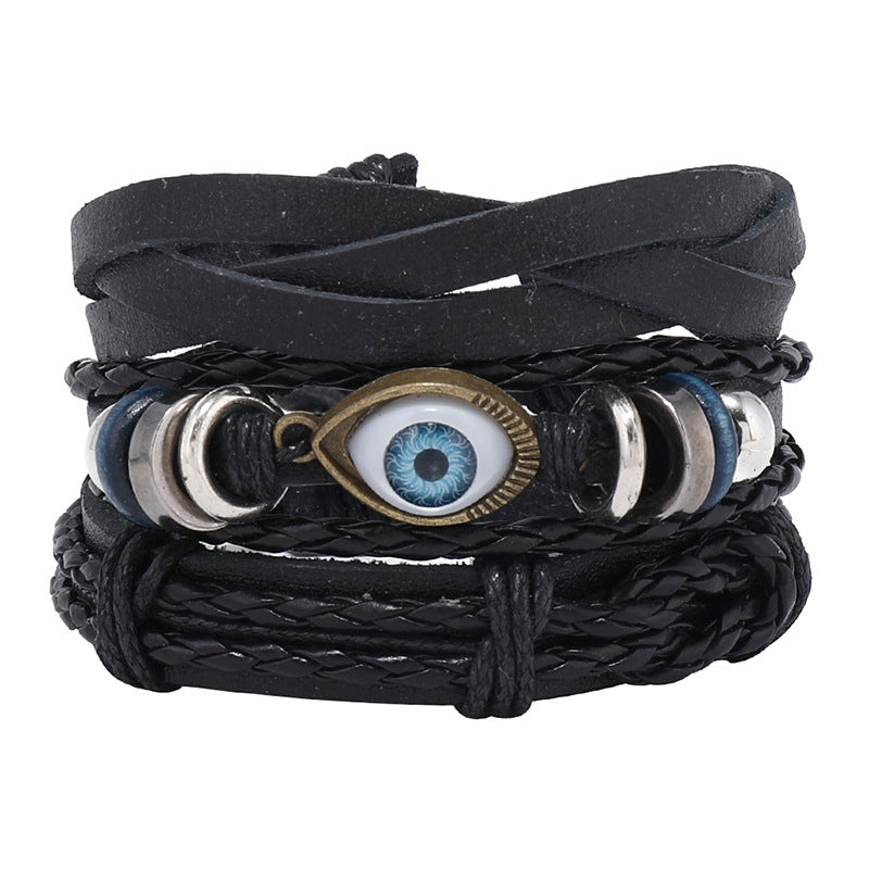 Dreiteiliges Set mit mehrlagigen Armbändern aus Leder mit gewebten Augen für Herren