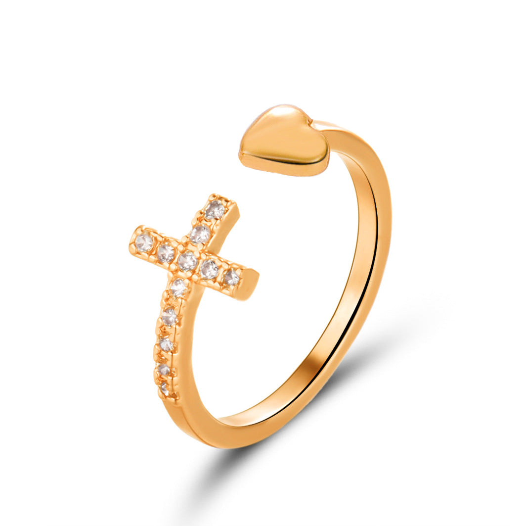 Women's Style Creative Opening Cross Temperament Wild Heart-shaped Retro Rings