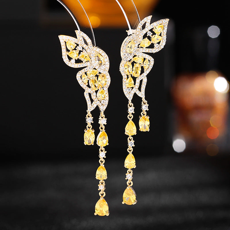 Sier Needle Color Zircon Inlaid Double Flying Long Modified Earrings