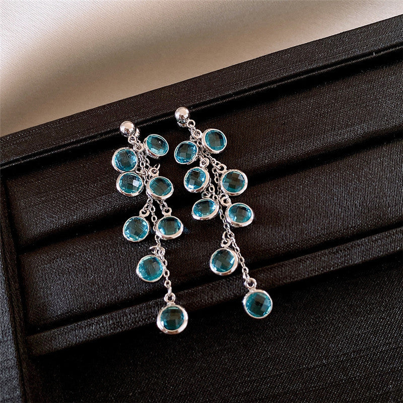 Blue Grape Crystal Tassel Square Round Face Show Little Wild Stud Earrings