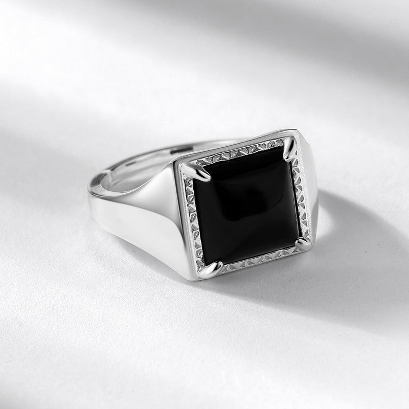 Fashion Simple Square Black Agate Sterling Rings