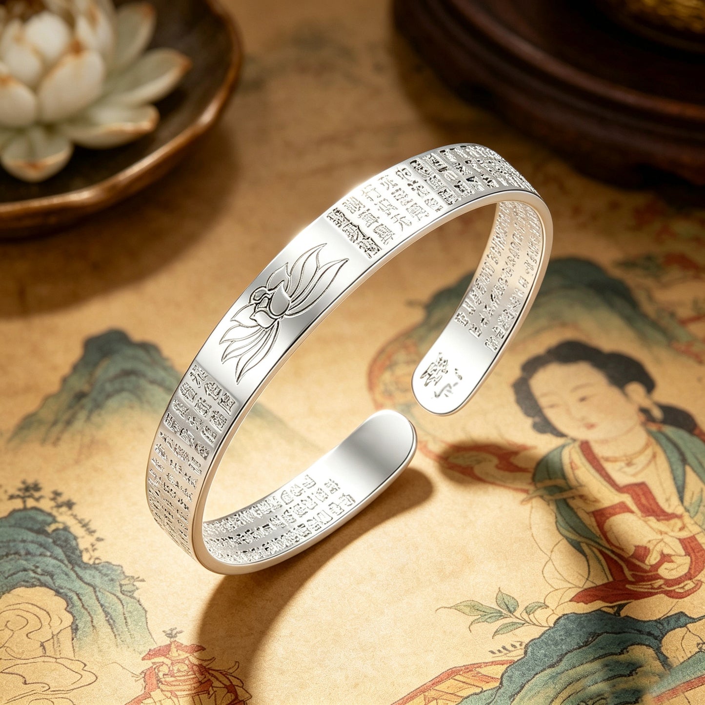Women's Ancient Style Heart Sutra Sier-plated Fashion Bracelet