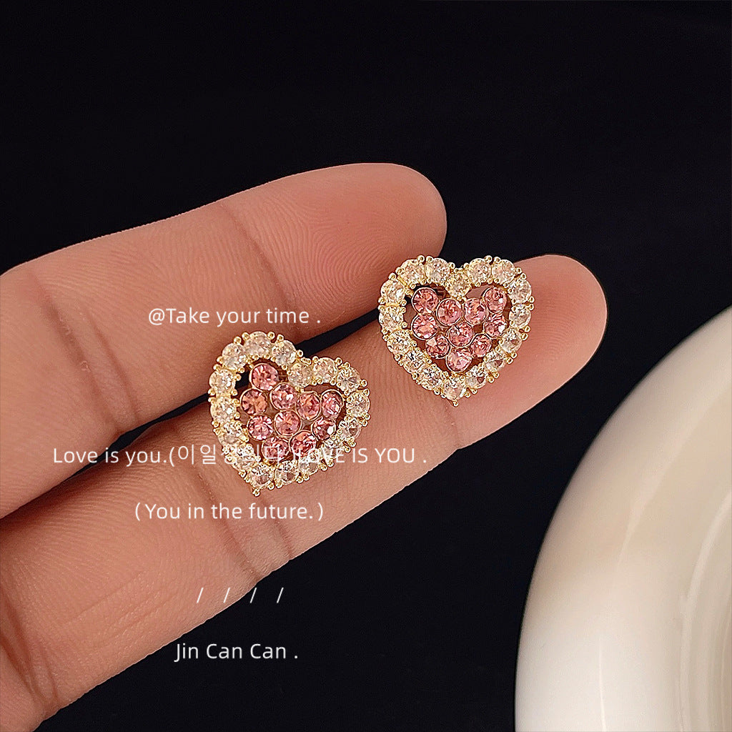 Micro Inlaid Zircon Pink Heart-shaped Sier Earrings