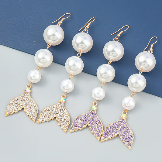 Boucles d'oreilles en forme de queue de poisson en diamant acrylique et perles d'imitation pour femmes