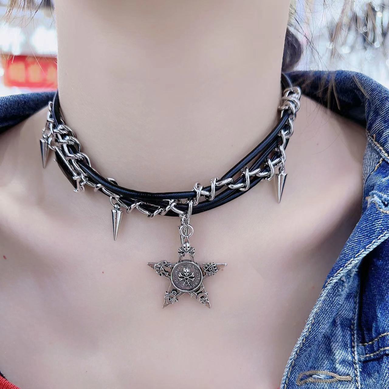 Star Teeth Leather Rope Twin Clavicle Necklaces