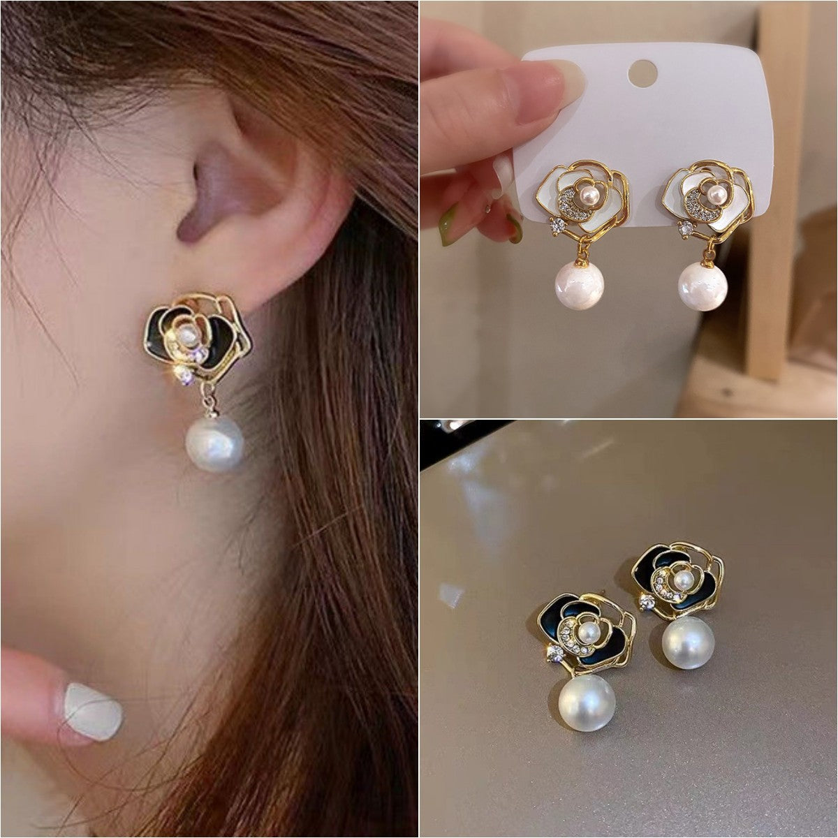 Women's Light Luxury Design Pearl Pendant Rhinestone Earrings