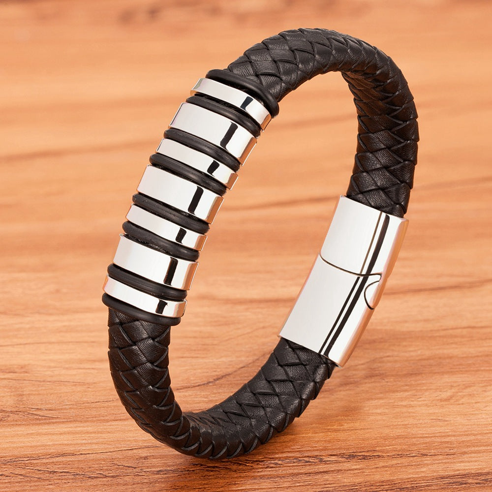 Men's Fashion Woven Rope Black Leather Simple Stainless Steel Bracelets