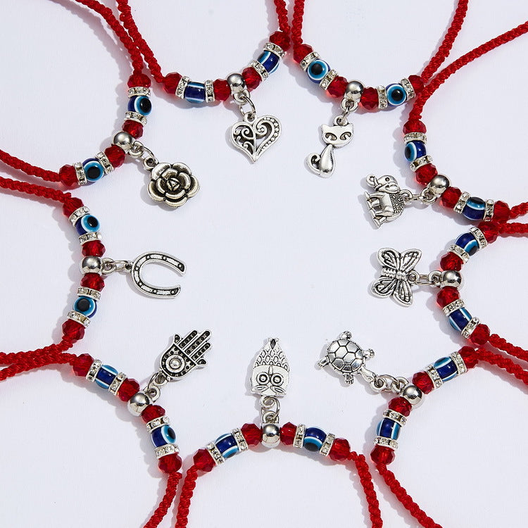 Eule, blaue Augen, böser Blick, rotes Seil, verstellbare Armbänder