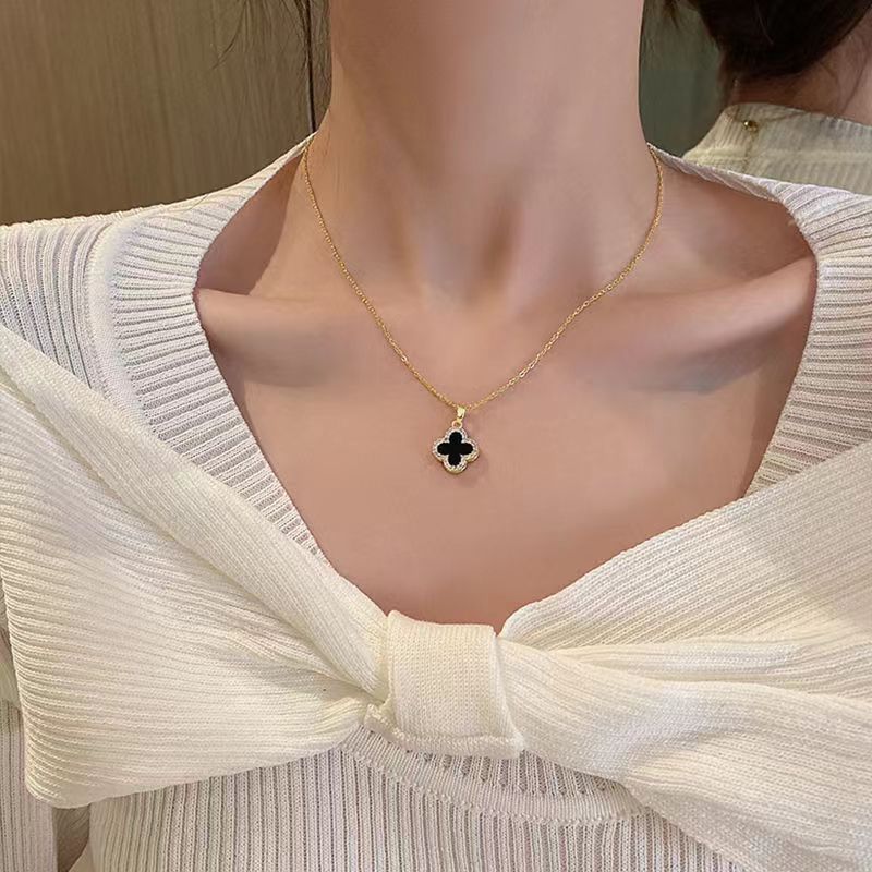 Women's Black White Double-sided Clover Fashionable Advanced Design Necklace