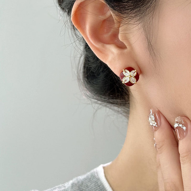 Women's Flower Red Drip Square For Mild Luxury Retro Fashion Earrings