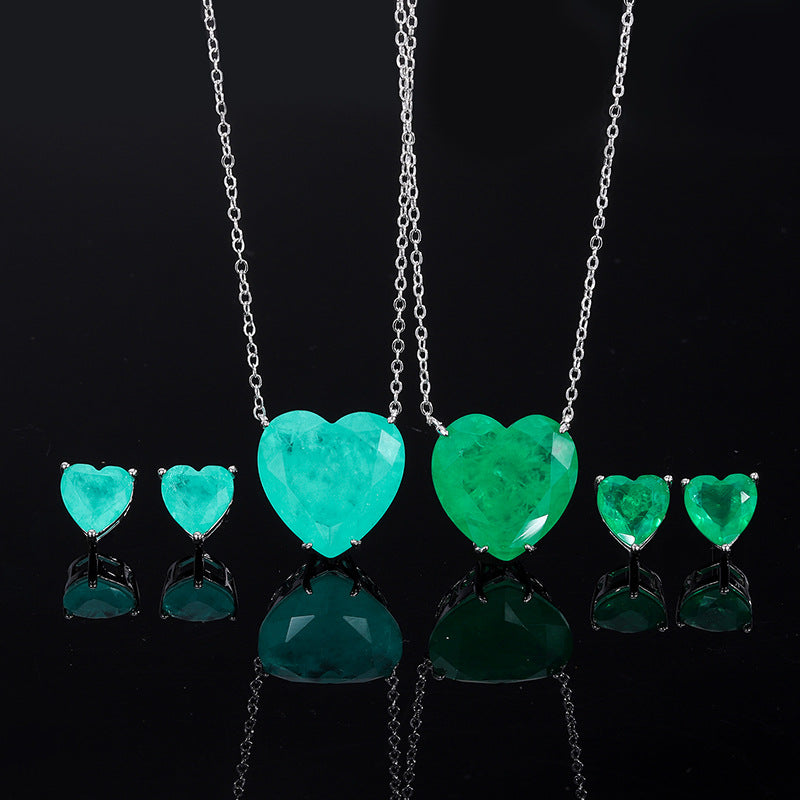 Sapphire Female Emerald Love Heart Ear Jewelry Set