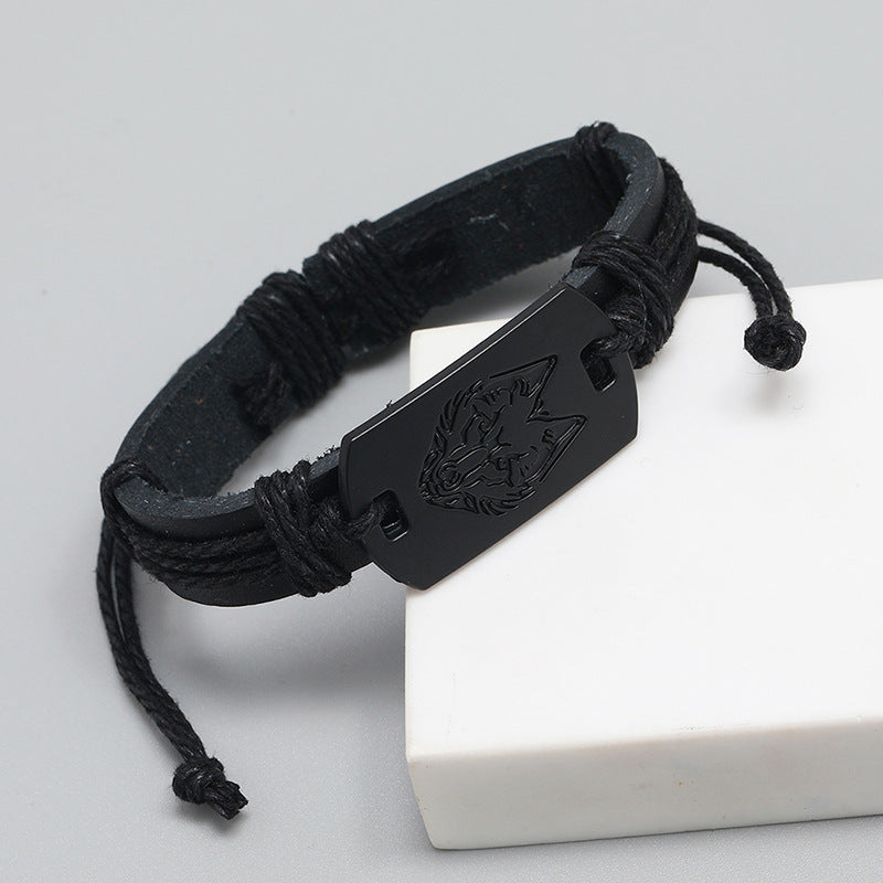 Bracelets en corde tressée tête de loup noir en cuir pour hommes