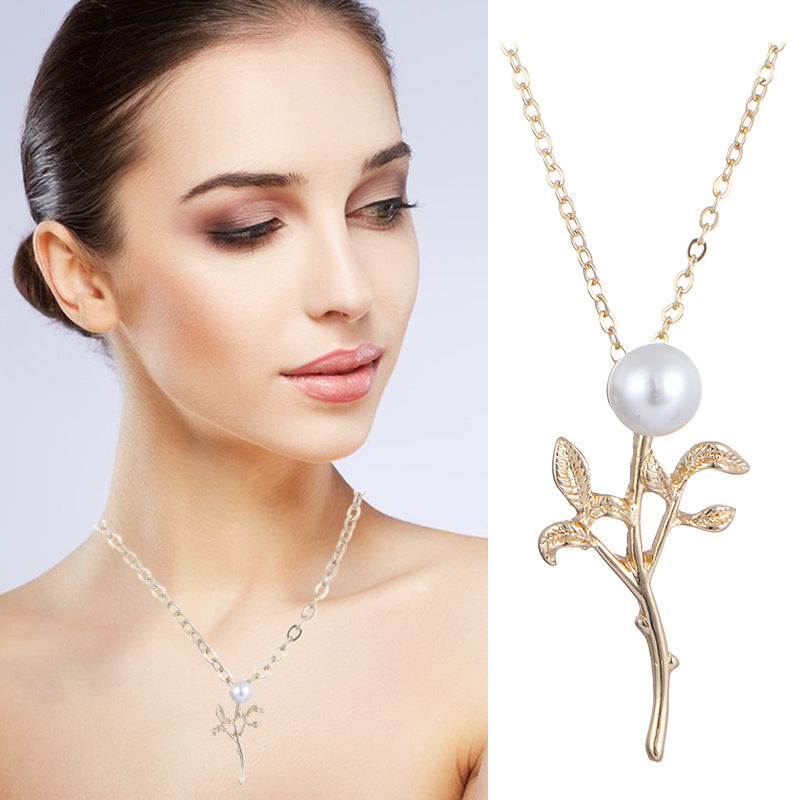 Pearl Leaves Long Personality Simple Sweater Chain Christmas Jewelry Set