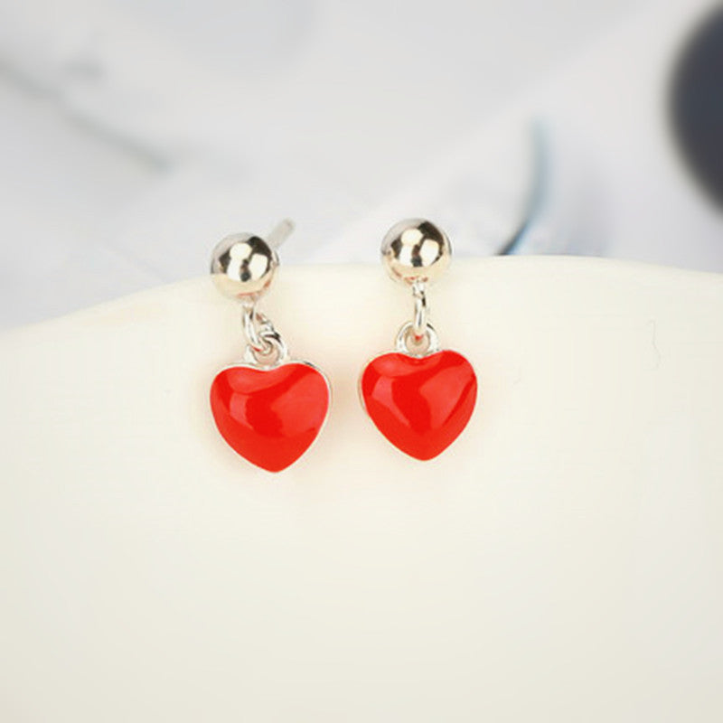 Women's Red Drop Oil Heart-shaped For Round Beads Earrings