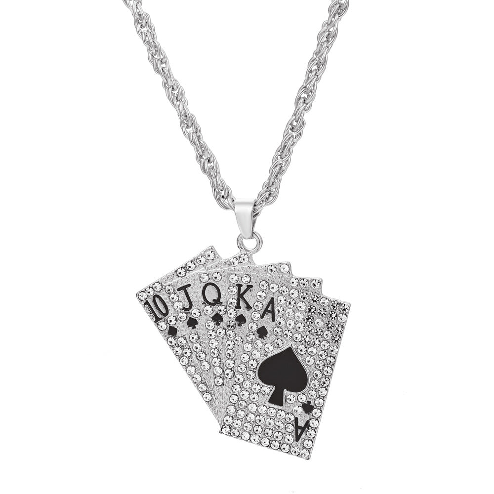 Women's & Men's Hip Hop Diamond Playing Card Design Flush Clavicle Chain Necklaces