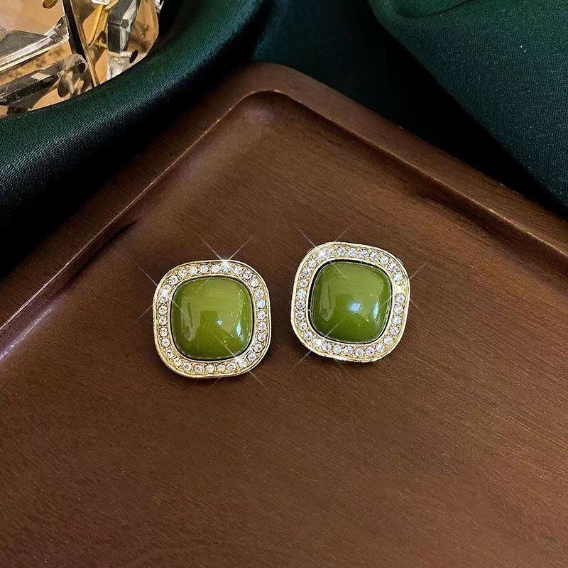 Avocado Green Geometric Rhinestone Temperamental Cold Style French Vintage Pearl Stud Earrings