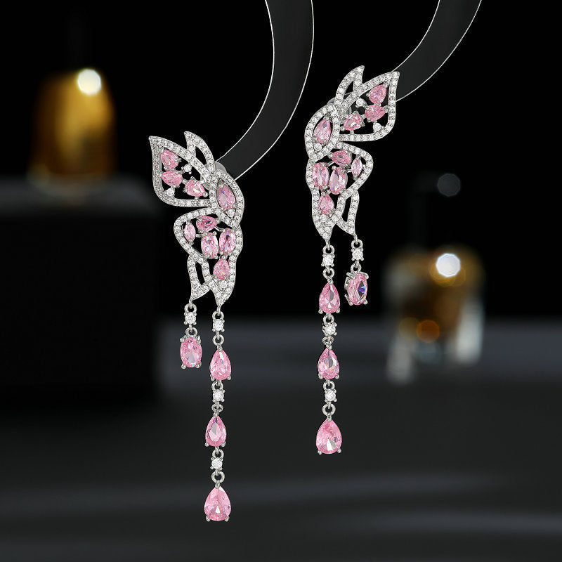 Sier Needle Color Zircon Inlaid Double Flying Long Modified Earrings