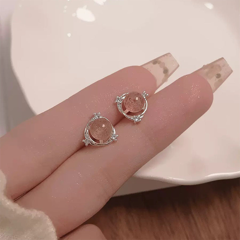 Female Mori Temperament Pink Crystal Simple Compact Earrings