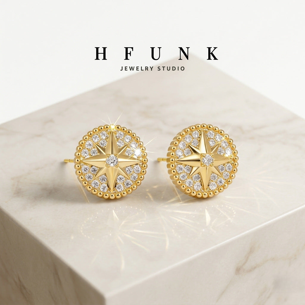 Awn Star Geometric Round Compass Finely Inlaid Sier Needle Fashionable Stud Earrings