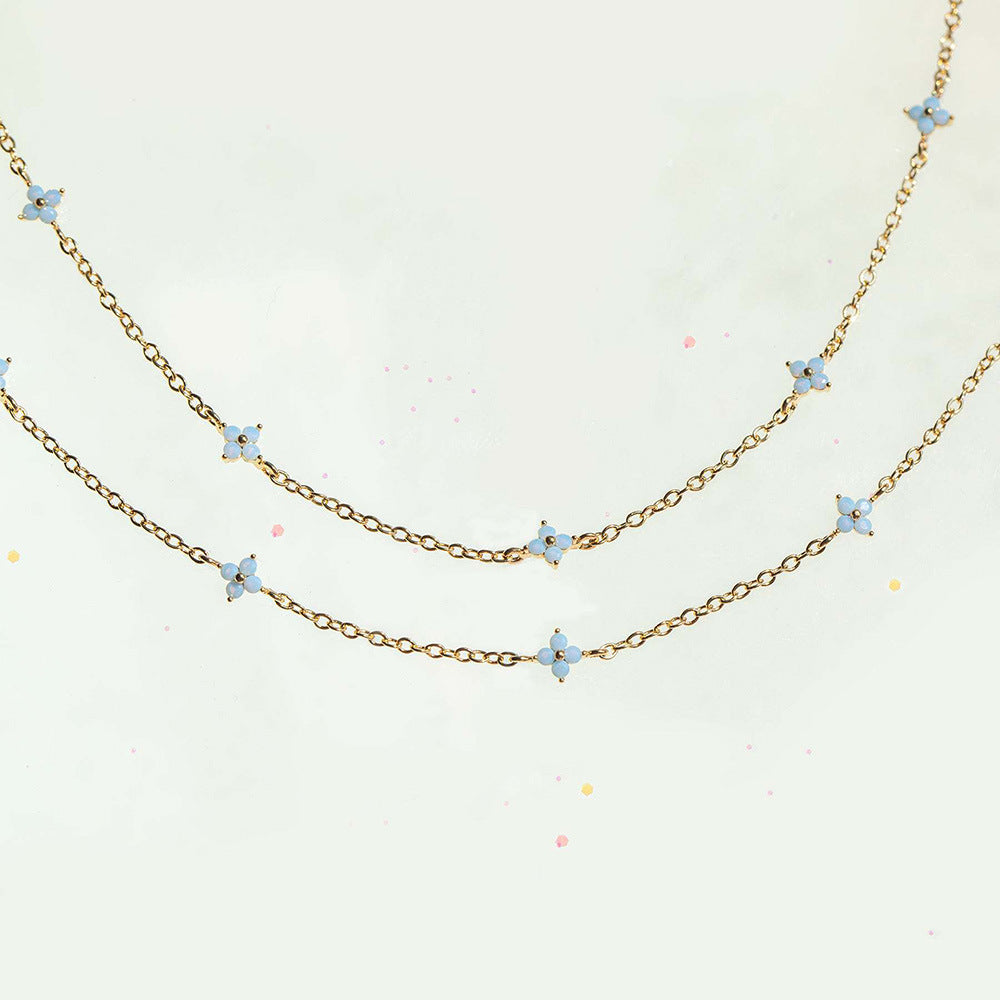 Women's Small Blue Flowers Sweet Temperament Clavicle Chain Micro Inlaid Jewelry Set