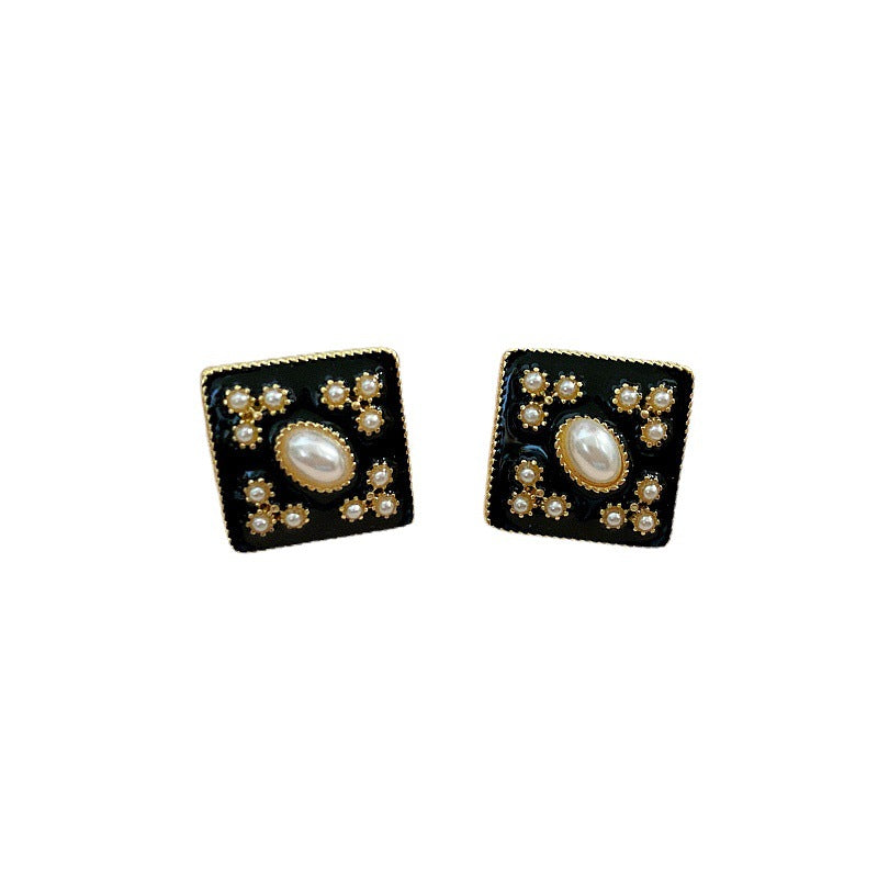 Women's Middle Ancient Drip Glazed Enamel Pearl Brooch French Sier Needle Stud Earrings
