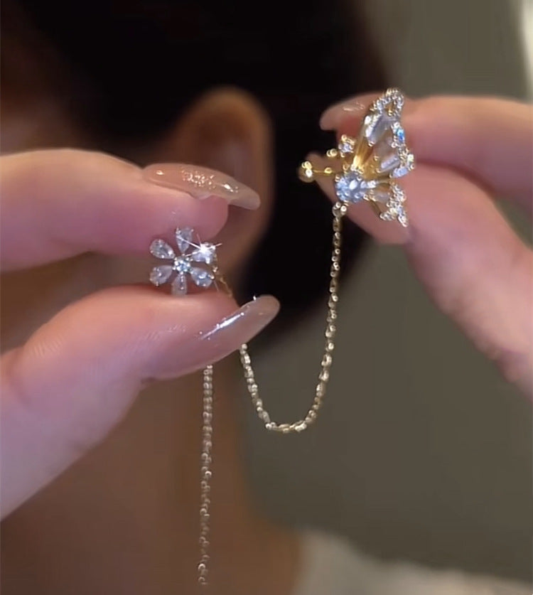 Light Luxury Full Zirconium Butterfly Flower Tassel Small High Ear Clip
