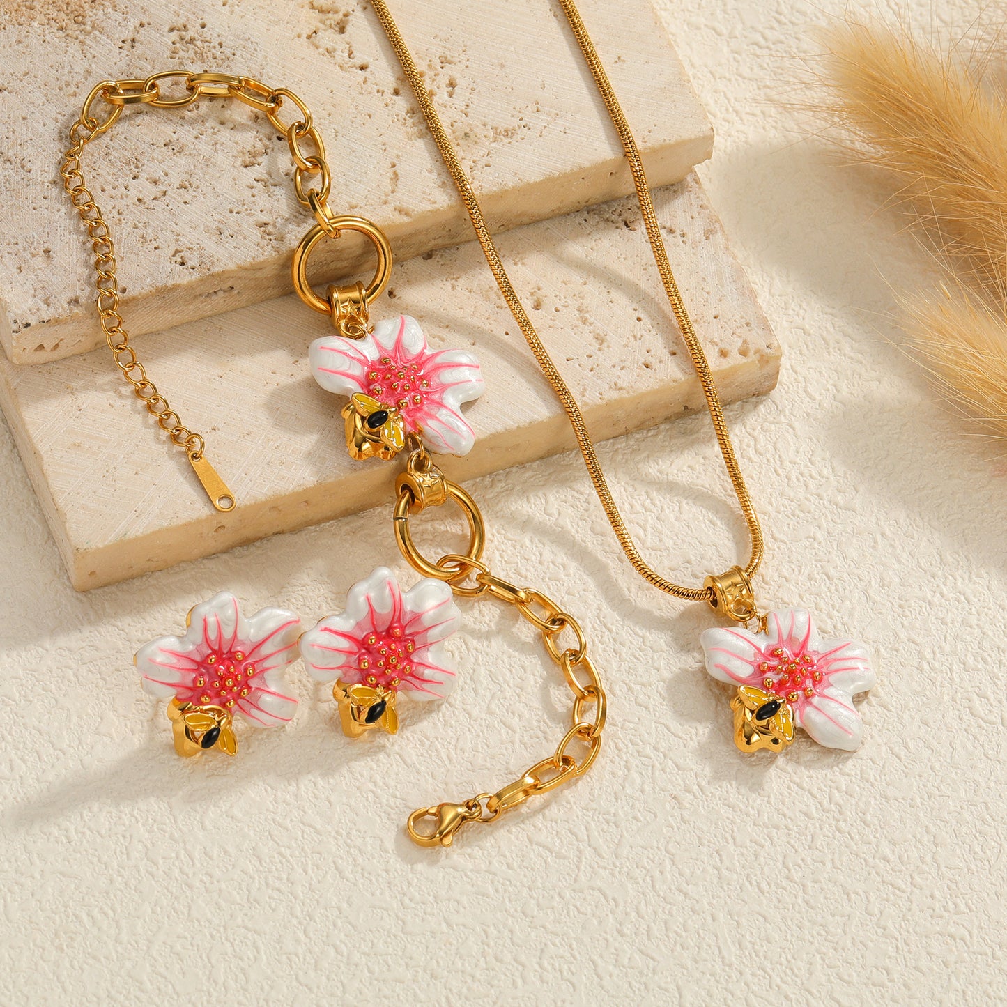 Three-dimensional Gradient Flower Stainless Steel Sweet Elegant Jewelry Set