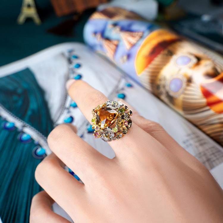 Bagues de bijoux de cour italiennes, pierres précieuses de couleur Citrine naturelle