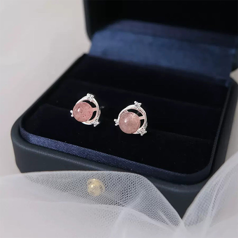 Female Mori Temperament Pink Crystal Simple Compact Earrings