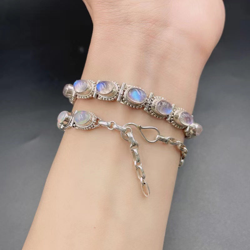 Nepal Handmade Sier Plated Opal Blue Moonstone Personality Retro Bracelet