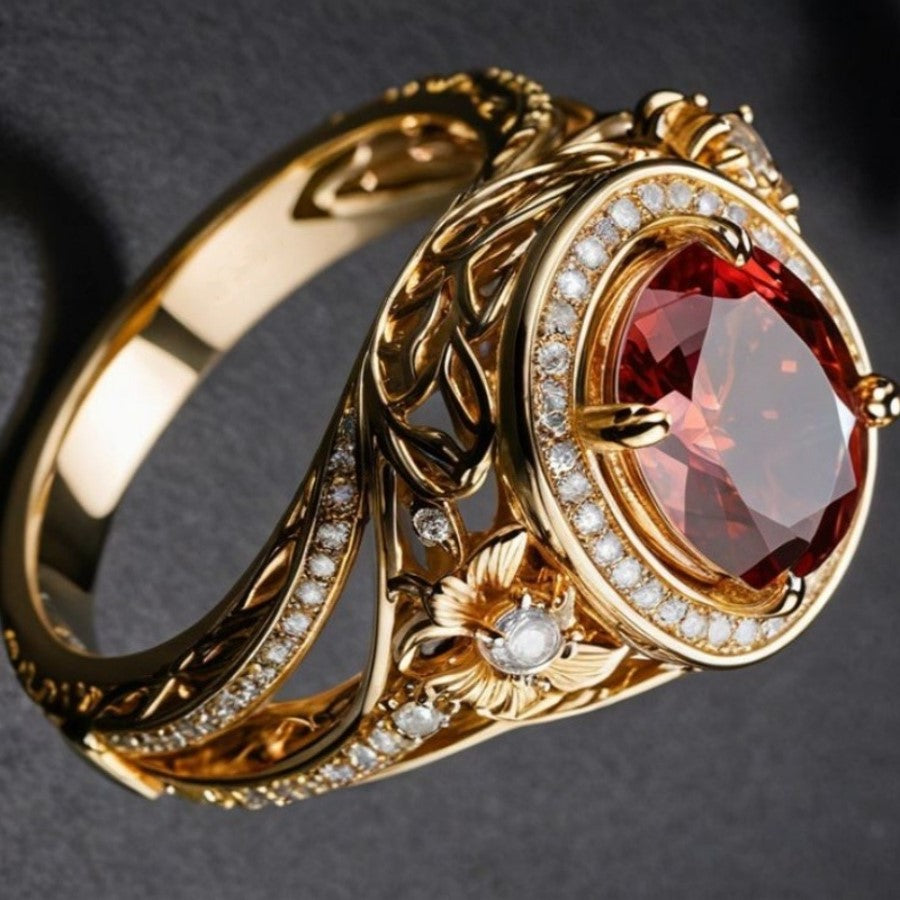 Women's Korean Style Fashionable Round Inlaid Red Rings