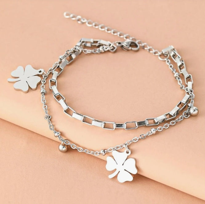 Women's Clover Affordable Luxury Fashion Geometric Twin Chain Bracelet