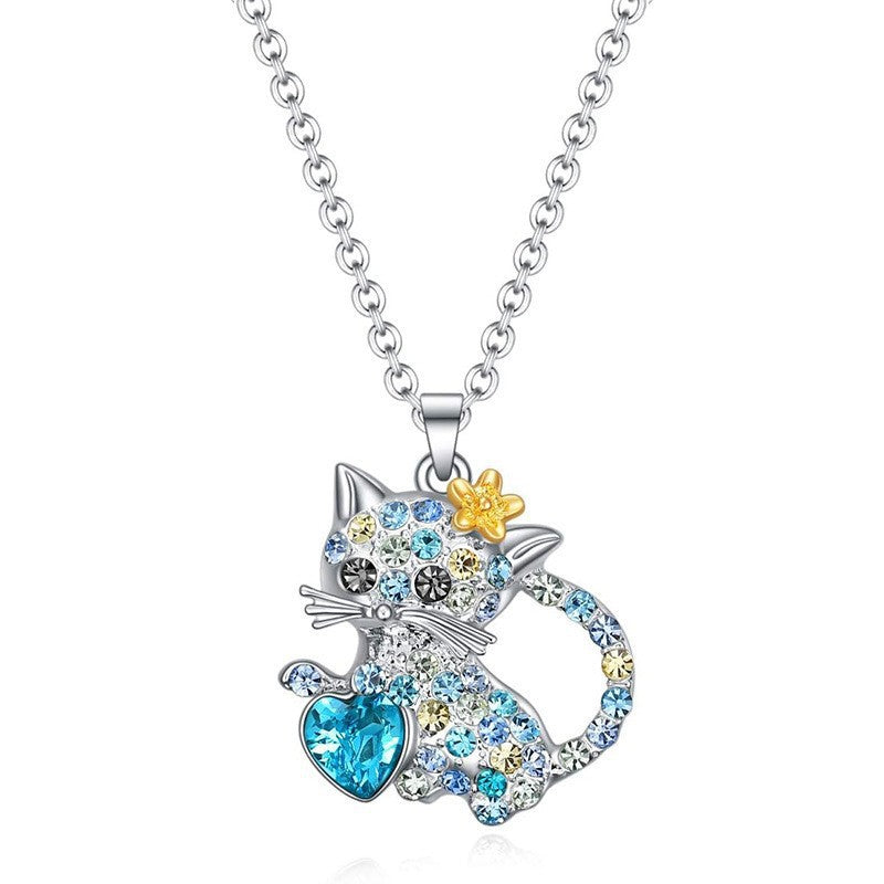 Colorful Cat Diamond Female Animal Cartoon Kitten Clavicle Necklace