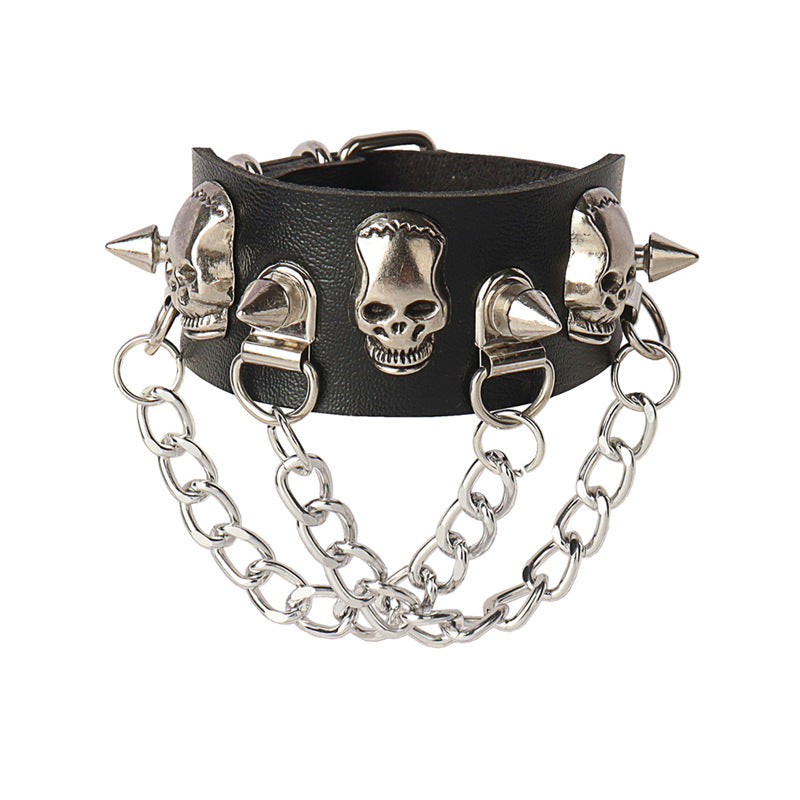 Punk Skull Rivet Tassel Chain Leather Bracelets