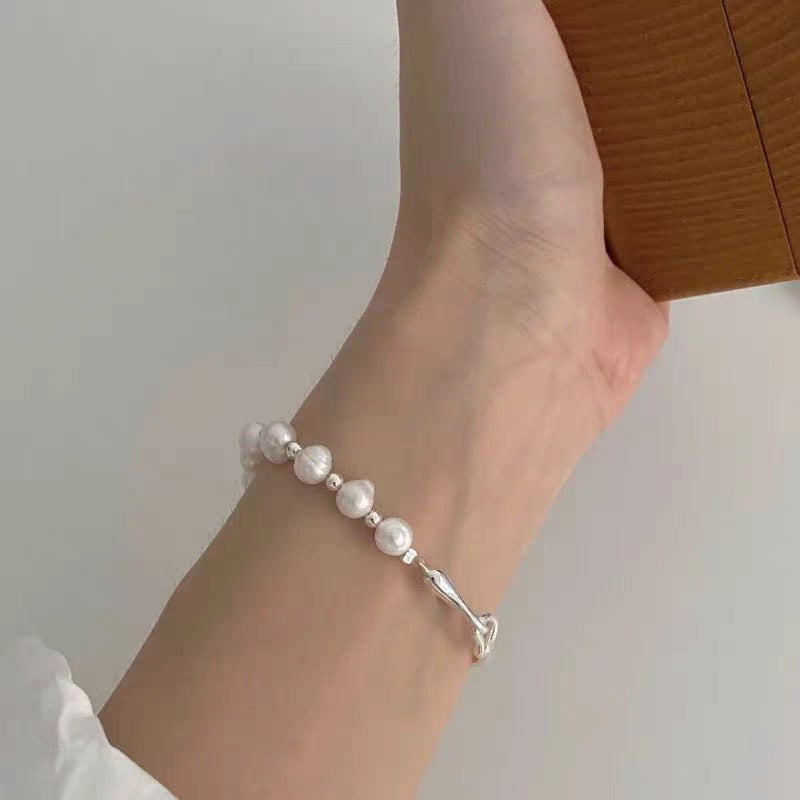 Women's Chain White Copper Sier Plated Natural Freshwater Pearl Bracelet