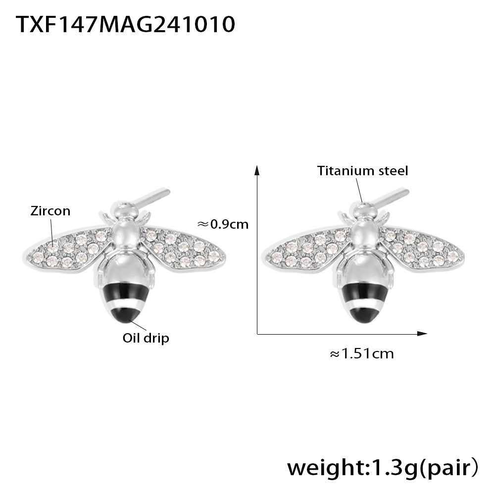 Fashion Dripping Zircon Industrious Bee Textured Titanium Earrings
