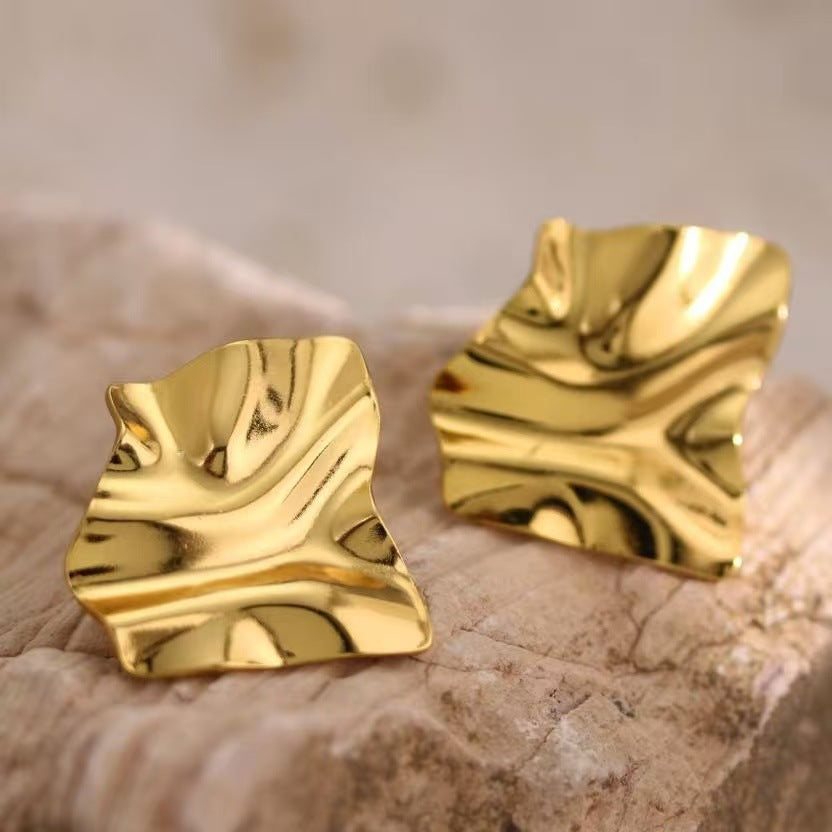Women's Creative Stainless Steel Square Heart-shaped Pleated Stud Earrings