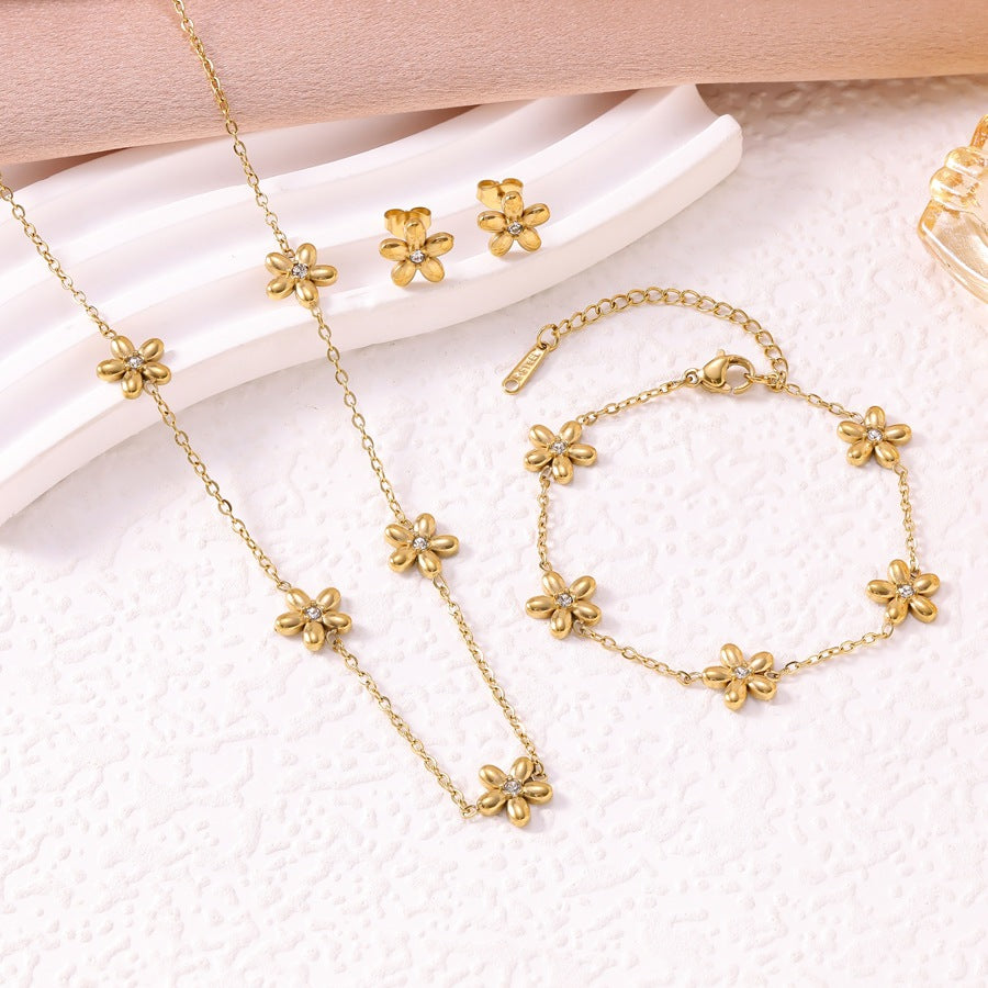 Women's Korean Style Fashion Fresh Flower Zircon Ear Gold-plated Jewelry Set