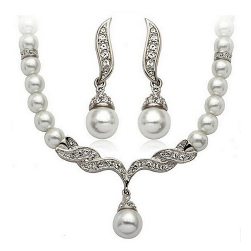 Women's Bridal Wedding Two-piece Dress Rhinestone Pearl Jewelry Set