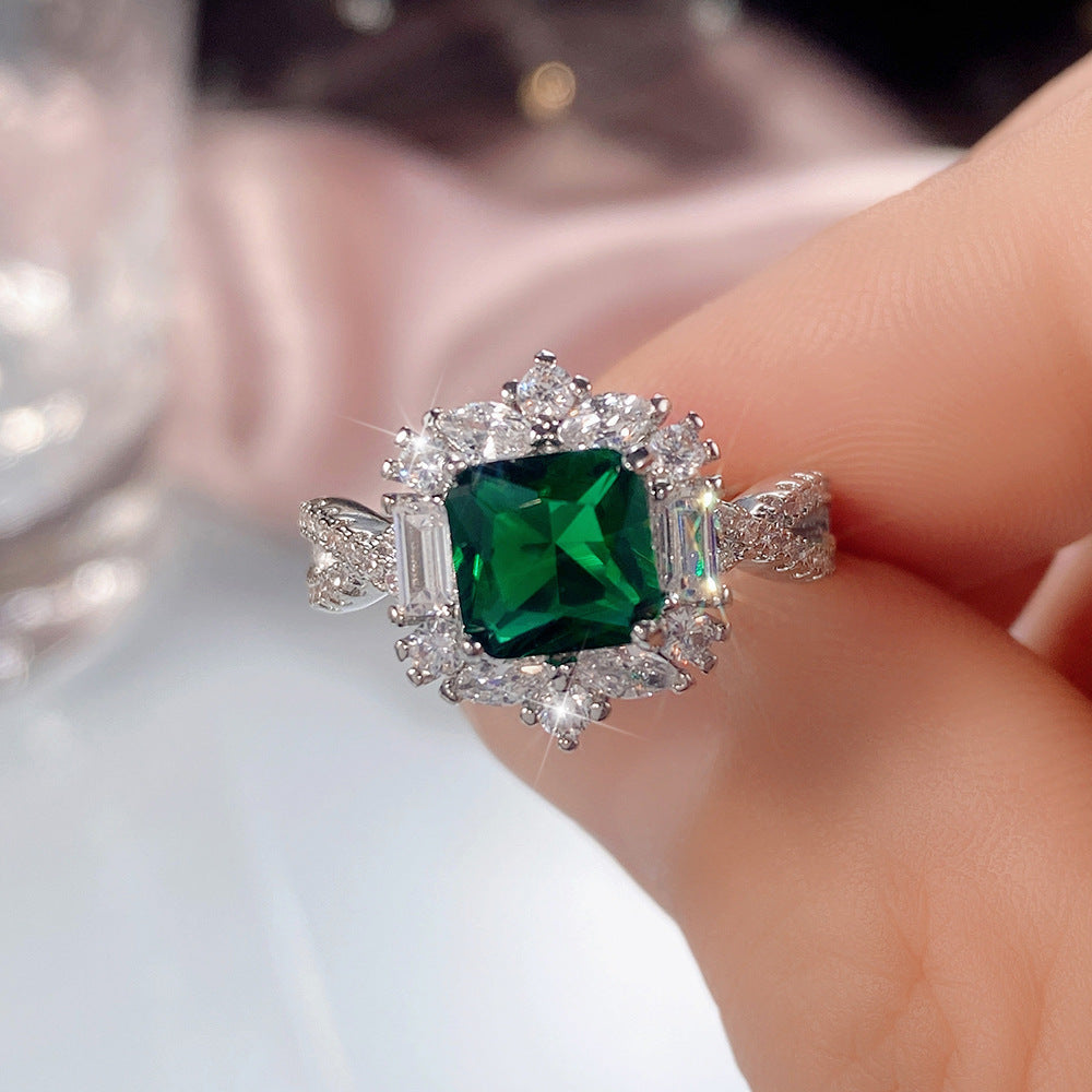 Women's Inlaid Grandmother Green Princess Square Zircon Rings