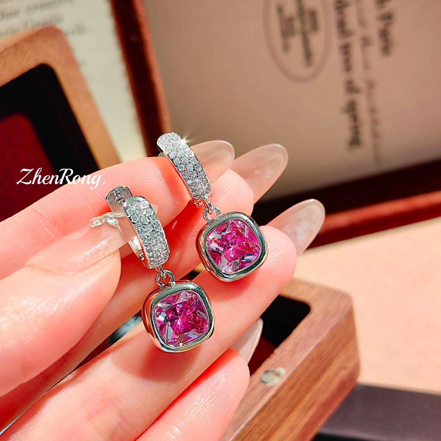 Women's Luxury French Small Square Sugar Cube Ear Aquamarine Plump Rose-red Jewelry Set