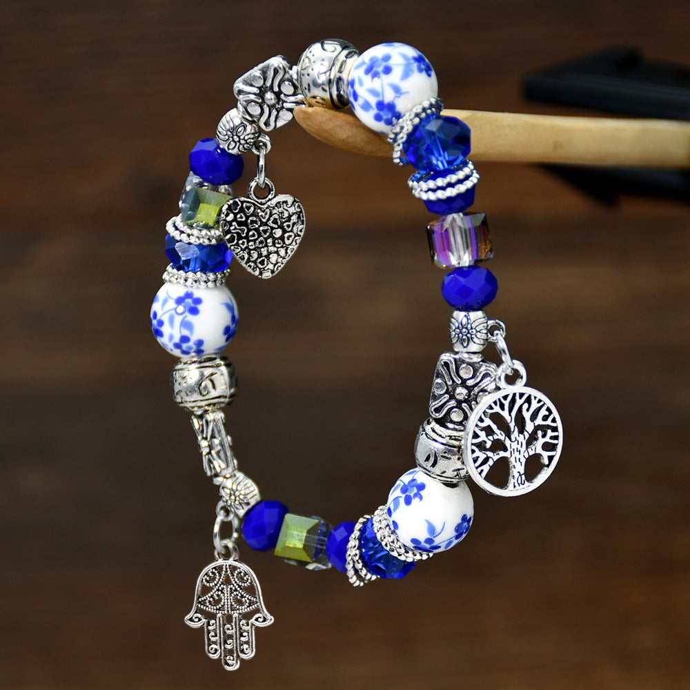 Women's Chinese Style Blue And White Porcelain Crystal Bracelets