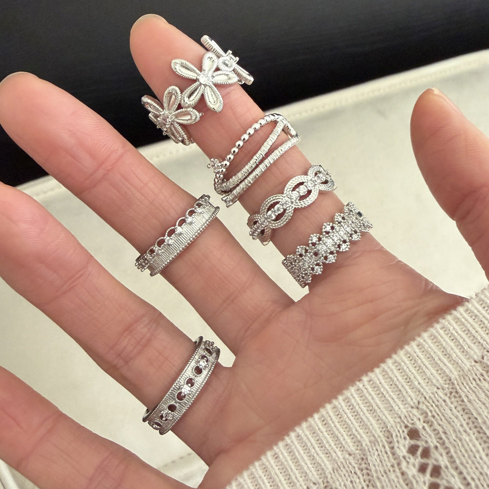 Style Brushed Flower Cutout Zircon High Sense Lace Simple Sweet Ring
